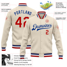 Laden Sie das Bild in den Galerie-Viewer, Custom Cream Red-Royal Bomber Full-Snap Varsity Letterman Jacket
