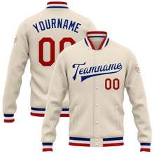 Laden Sie das Bild in den Galerie-Viewer, Custom Cream Red-Royal Bomber Full-Snap Varsity Letterman Jacket
