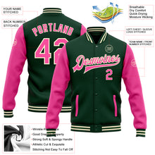 Laden Sie das Bild in den Galerie-Viewer, Custom Green Pink-Cream Bomber Full-Snap Varsity Letterman Two Tone Jacket
