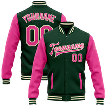 Laden Sie das Bild in den Galerie-Viewer, Custom Green Pink-Cream Bomber Full-Snap Varsity Letterman Two Tone Jacket
