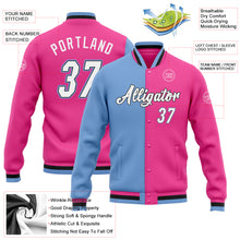 Load image into Gallery viewer, Custom Pink White Light Blue-Black Bomber Full-Snap Varsity Letterman Split Fashion Jacket
