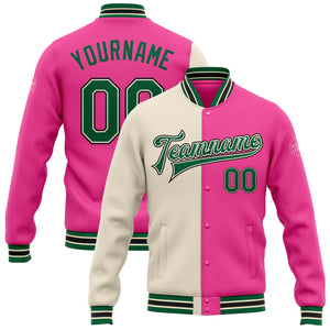 Custom Pink Kelly Green Cream-Black Bomber Full-Snap Varsity Letterman Split Fashion Jacket