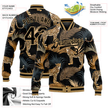 Загрузить изображение в средство просмотра галереи, Custom Black Black-Old Gold Tropical Leopard With Palms 3D Pattern Design Bomber Full-Snap Varsity Letterman Jacket
