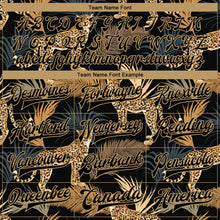 Загрузить изображение в средство просмотра галереи, Custom Black Black-Old Gold Tropical Leopard With Palms 3D Pattern Design Bomber Full-Snap Varsity Letterman Jacket
