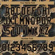 Загрузить изображение в средство просмотра галереи, Custom Black Black-Old Gold Tropical Leopard With Palms 3D Pattern Design Bomber Full-Snap Varsity Letterman Jacket
