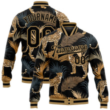 Загрузить изображение в средство просмотра галереи, Custom Black Black-Old Gold Tropical Leopard With Palms 3D Pattern Design Bomber Full-Snap Varsity Letterman Jacket
