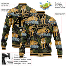 Загрузить изображение в средство просмотра галереи, Custom Black Black-Old Gold Tropical Tiger With Palms 3D Pattern Design Bomber Full-Snap Varsity Letterman Jacket
