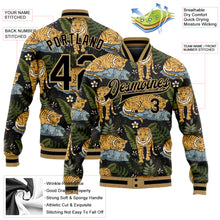 Load image into Gallery viewer, Custom Black Black-Old Gold Tropical Tiger With Palms 3D Pattern Design Bomber Full-Snap Varsity Letterman Jacket
