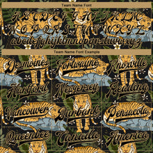 Загрузить изображение в средство просмотра галереи, Custom Black Black-Old Gold Tropical Tiger With Palms 3D Pattern Design Bomber Full-Snap Varsity Letterman Jacket

