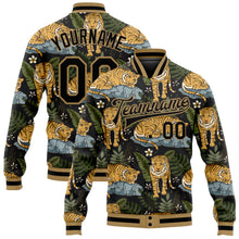 Загрузить изображение в средство просмотра галереи, Custom Black Black-Old Gold Tropical Tiger With Palms 3D Pattern Design Bomber Full-Snap Varsity Letterman Jacket
