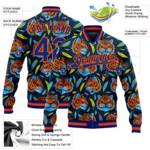 Laden Sie das Bild in den Galerie-Viewer, Custom Royal Royal-Orange Red Tiger Head In Colorful Jungle 3D Pattern Design Bomber Full-Snap Varsity Letterman Jacket
