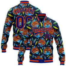 Laden Sie das Bild in den Galerie-Viewer, Custom Royal Royal-Orange Red Tiger Head In Colorful Jungle 3D Pattern Design Bomber Full-Snap Varsity Letterman Jacket
