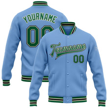 Load image into Gallery viewer, Custom Light Blue Kelly Green Cream-Black Bomber Full-Snap Varsity Letterman Jacket
