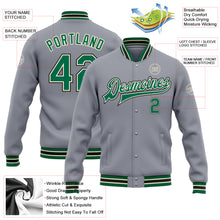 Load image into Gallery viewer, Custom Gray Kelly Green Cream-Black Bomber Full-Snap Varsity Letterman Jacket
