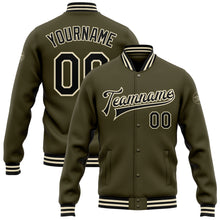 Загрузить изображение в средство просмотра галереи, Custom Olive Black-Cream Bomber Full-Snap Varsity Letterman Salute To Service Jacket
