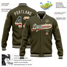 Laden Sie das Bild in den Galerie-Viewer, Custom Olive Vintage USA Flag Cream-Black Bomber Full-Snap Varsity Letterman Salute To Service Jacket
