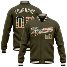 Laden Sie das Bild in den Galerie-Viewer, Custom Olive Vintage USA Flag Cream-Black Bomber Full-Snap Varsity Letterman Salute To Service Jacket
