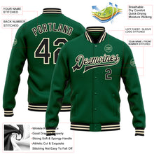 Загрузить изображение в средство просмотра галереи, Custom Kelly Green Black-Cream Bomber Full-Snap Varsity Letterman Jacket
