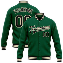 Загрузить изображение в средство просмотра галереи, Custom Kelly Green Black-Cream Bomber Full-Snap Varsity Letterman Jacket
