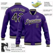 Load image into Gallery viewer, Custom Purple Black-Cream Bomber Full-Snap Varsity Letterman Jacket
