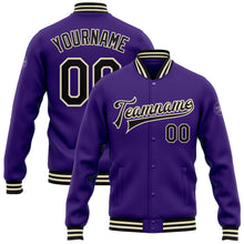 Загрузить изображение в средство просмотра галереи, Custom Purple Black-Cream Bomber Full-Snap Varsity Letterman Jacket
