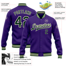 Load image into Gallery viewer, Custom Purple Green-Cream Bomber Full-Snap Varsity Letterman Jacket
