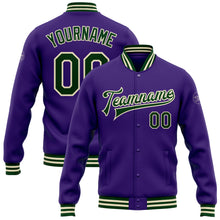 Load image into Gallery viewer, Custom Purple Green-Cream Bomber Full-Snap Varsity Letterman Jacket
