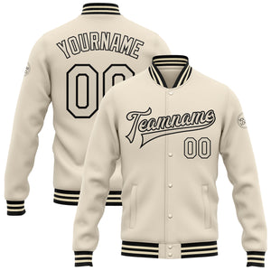 Custom Cream Cream-Black Bomber Full-Snap Varsity Letterman Jacket