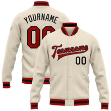 Laden Sie das Bild in den Galerie-Viewer, Custom Cream Red-Black Bomber Full-Snap Varsity Letterman Jacket
