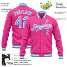 Laden Sie das Bild in den Galerie-Viewer, Custom Pink Light Blue-White Bomber Full-Snap Varsity Letterman Jacket

