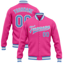 Laden Sie das Bild in den Galerie-Viewer, Custom Pink Light Blue-White Bomber Full-Snap Varsity Letterman Jacket
