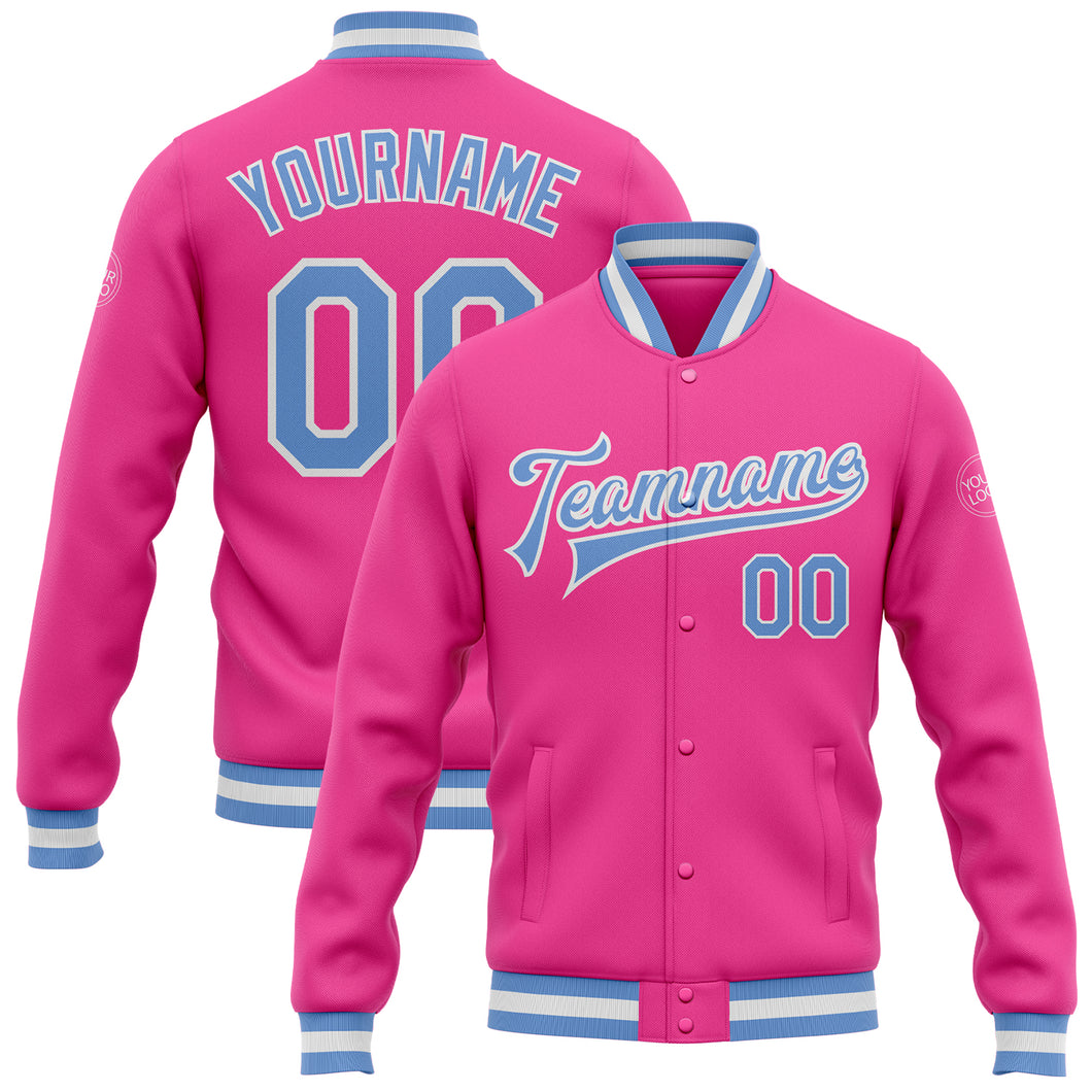 Custom Pink Light Blue-White Bomber Full-Snap Varsity Letterman Jacket