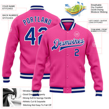 Load image into Gallery viewer, Custom Pink Royal-White Bomber Full-Snap Varsity Letterman Jacket
