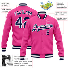 Laden Sie das Bild in den Galerie-Viewer, Custom Pink Navy-White Bomber Full-Snap Varsity Letterman Jacket
