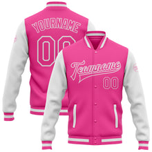 Laden Sie das Bild in den Galerie-Viewer, Custom Pink Pink-White Bomber Full-Snap Varsity Letterman Two Tone Jacket
