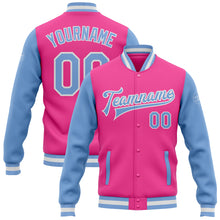 Laden Sie das Bild in den Galerie-Viewer, Custom Pink Light Blue-White Bomber Full-Snap Varsity Letterman Two Tone Jacket
