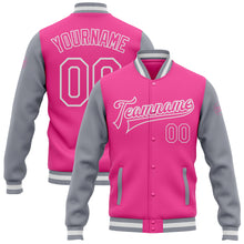 Laden Sie das Bild in den Galerie-Viewer, Custom Pink Pink Gray-White Bomber Full-Snap Varsity Letterman Two Tone Jacket
