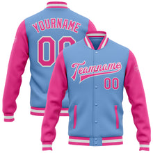 Laden Sie das Bild in den Galerie-Viewer, Custom Light Blue Pink-White Bomber Full-Snap Varsity Letterman Two Tone Jacket

