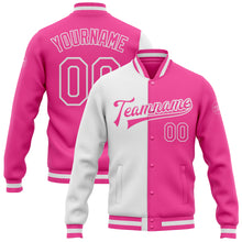 Laden Sie das Bild in den Galerie-Viewer, Custom Pink Pink-White Bomber Full-Snap Varsity Letterman Split Fashion Jacket
