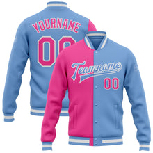 Laden Sie das Bild in den Galerie-Viewer, Custom Light Blue Pink-White Bomber Full-Snap Varsity Letterman Split Fashion Jacket
