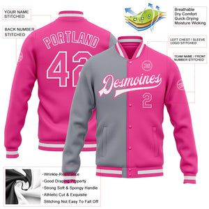 Custom Pink Pink-Gray Bomber Full-Snap Varsity Letterman Split Fashion Jacket