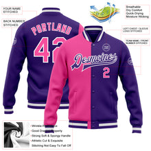 Laden Sie das Bild in den Galerie-Viewer, Custom Purple Pink-White Bomber Full-Snap Varsity Letterman Split Fashion Jacket
