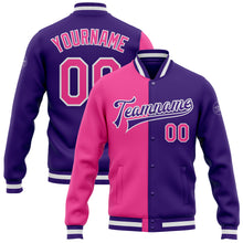 Laden Sie das Bild in den Galerie-Viewer, Custom Purple Pink-White Bomber Full-Snap Varsity Letterman Split Fashion Jacket
