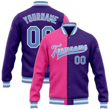 Laden Sie das Bild in den Galerie-Viewer, Custom Purple Light Blue-Pink Bomber Full-Snap Varsity Letterman Split Fashion Jacket
