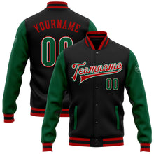 Laden Sie das Bild in den Galerie-Viewer, Custom Black Kelly Green-Red Bomber Full-Snap Varsity Letterman Two Tone Jacket
