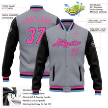 Charger l&#39;image dans la galerie, Custom Gray Pink Black-Light Blue Bomber Full-Snap Varsity Letterman Two Tone Jacket
