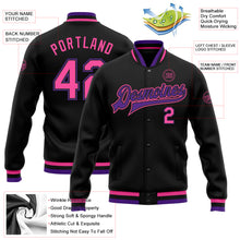 Laden Sie das Bild in den Galerie-Viewer, Custom Black Pink-Purple Bomber Full-Snap Varsity Letterman Jacket
