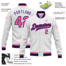 Load image into Gallery viewer, Custom White Pink Black-Purple Bomber Full-Snap Varsity Letterman Jacket
