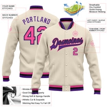 Charger l&#39;image dans la galerie, Custom Cream Pink Black-Purple Bomber Full-Snap Varsity Letterman Jacket

