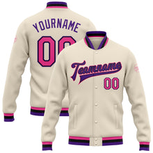 Charger l&#39;image dans la galerie, Custom Cream Pink Black-Purple Bomber Full-Snap Varsity Letterman Jacket
